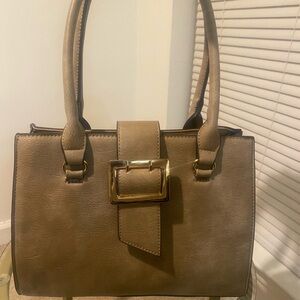 Elegant Beige Handbag with Gold Buckle Closure